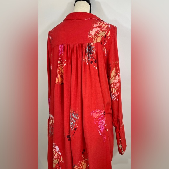 Free People Field of Butterflies Oversized Red Orange Long Sleeve Tunic size S - Picture 9 of 13